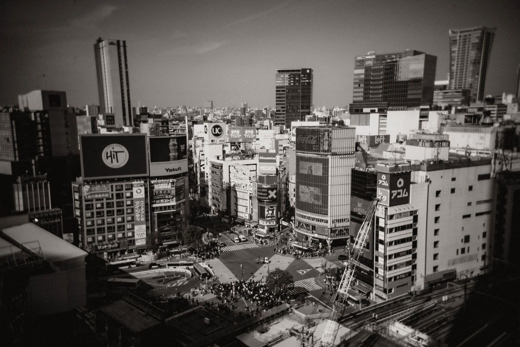 Schwarz-Weiß-Blick über die Dächer und Hochhäuser von Tokio